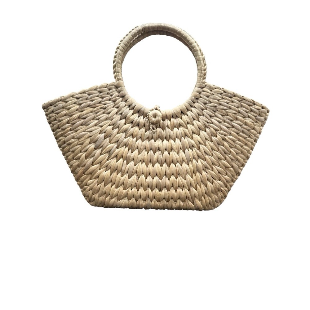 Natural Woven Straw Handbag Round Handle Boho Beach Market Tote Bag